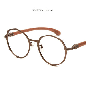 Brightzone Retro Round Polygon Wood Temple Metal Eyewear Prescription Eyeglasses Frame Men Women Myopia Optical Rx Glasses Frame
