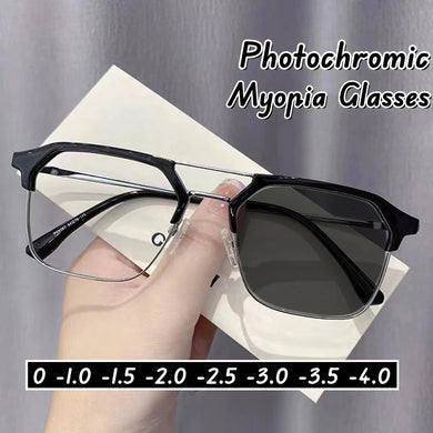 Business Square Large Frame Photochromic Near Sight Glasses Trendy Metal Double Beam Myopia Glasses  Anti Blue Light Glasses