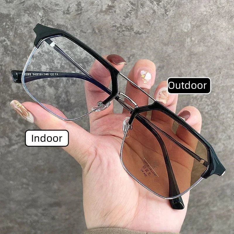 Business Square Large Frame Photochromic Near Sight Glasses Trendy Metal Double Beam Myopia Glasses  Anti Blue Light Glasses