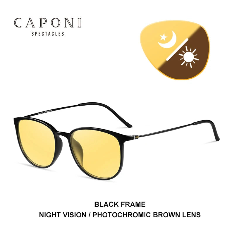 CAPONI Photochromic Sunglasses Men Driving Chameleon Glasses Male Yellow Lens Sun Glasses Day Night Vision Oval Eyewear BSYS520