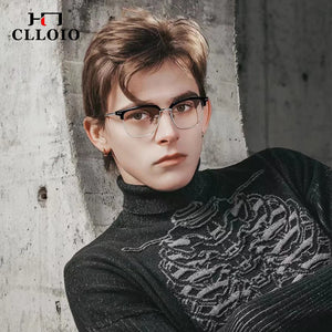 CLLOIO Men Business Half Frame Anti Blue Light Glasses Vintage Ultralight Metal Eyeglasses Optical Prescription Eyewear Frame