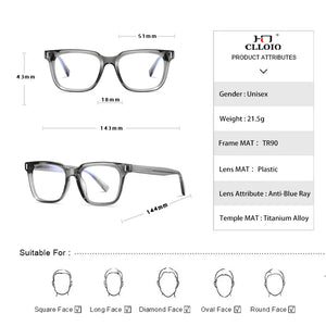 CLLOIO Transparent Eyeglasses Women Men Anti Blue Light Glasses Frames Female Male Computer Eyewear Clear Optical Myopia Frame