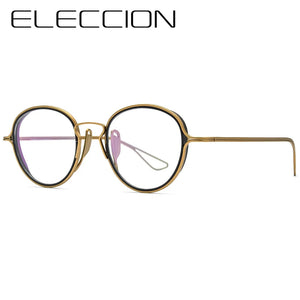 ELECCION Titanium Glasses Frame Men Vintage Round Prescription Eyeglasses Women Optical Eyewear with Titanium Ineer Ring