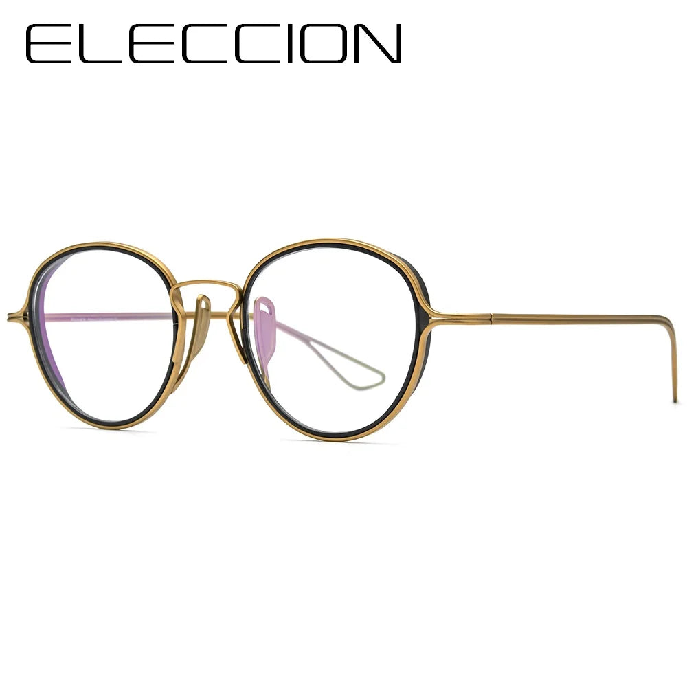 ELECCION Titanium Glasses Frame Men Vintage Round Prescription Eyeglasses Women Optical Eyewear with Titanium Ineer Ring