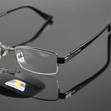 Load image into Gallery viewer, Fashion Optical Eyeglasses Frame Half Rimless Glasses Frame Men Women Alloy Frame and Polarized Sunglasses Clip On