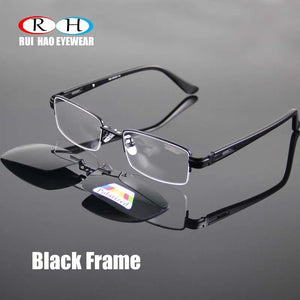 Fashion Optical Eyeglasses Frame Half Rimless Glasses Frame Men Women Alloy Frame and Polarized Sunglasses Clip On