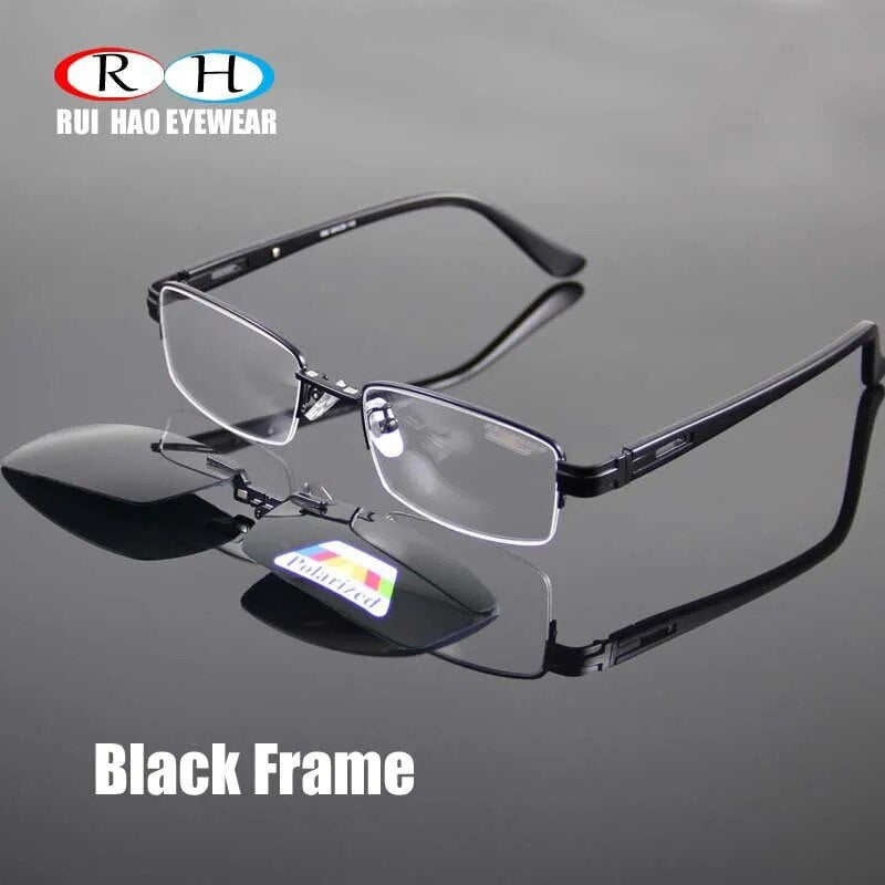 Fashion Optical Eyeglasses Frame Half Rimless Glasses Frame Men Women Alloy Frame and Polarized Sunglasses Clip On