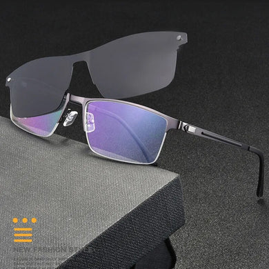 Gmei Optical Semi Rimless Optical Men's Eyeglasses Frame With Magnetic Clip-on Sunshades Metal Alloy Spectacles Eyewear