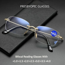Load image into Gallery viewer, seemfly Rimless Bifocal Reading Glasses Men Women Computer Dual-use Anti Blu Light Eyewear Gray White Optical Lens Hyperoia +1.5