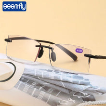 Load image into Gallery viewer, seemfly Retro Anti-blue Light Rimless Reading Glasses Women Men Optical Lens Presbyopic Spectacles With Box +1.0 1.5 2.0 2.5 +4