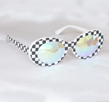 Load image into Gallery viewer, Black and white plaid  kaleidoscope glasses with oval glass lens