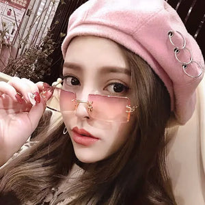 HBK Rimless Sunglasses Women TOP QUALITY Trendy Small Rectangle Sun Glasses Summer Style UV Gold Brown Shades for men