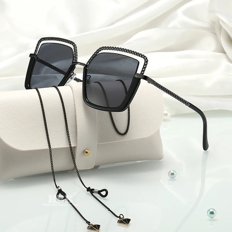 HBK Luxury High Quality Women's Sunglasse Alloy Chain Case Sunglasses Brand Design Female Shades Ladies Eyeglasses UV400