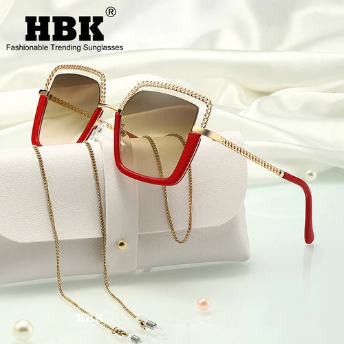 HBK Luxury High Quality Women's Sunglasse Alloy Chain Case Sunglasses Brand Design Female Shades Ladies Eyeglasses UV400