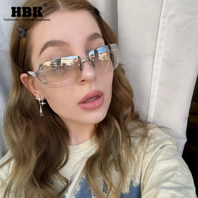 HBK New Diamond Exquisite Y2k Sunglasses Luxury Sexy Women Square Rimless Sun Glasses Clear Goggle Outdoor Style Lady