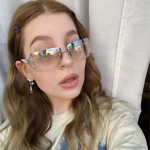 HBK New Diamond Exquisite Y2k Sunglasses Luxury Sexy Women Square Rimless Sun Glasses Clear Goggle Outdoor Style Lady