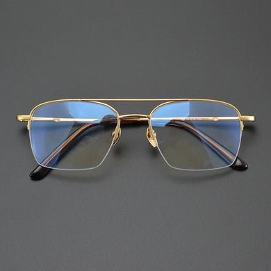 Handmade Retro Pure Titanium Glasses Frame Double Beam Pilot Men Prescription Optical Eyeglasses Women Square Half-Rim Eyewear