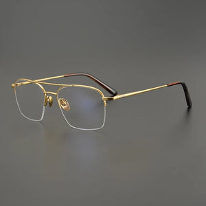 Handmade Retro Pure Titanium Glasses Frame Double Beam Pilot Men Prescription Optical Eyeglasses Women Square Half-Rim Eyewear