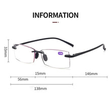 Load image into Gallery viewer, seemfly Retro Anti-blue Light Rimless Reading Glasses Women Men Optical Lens Presbyopic Spectacles With Box +1.0 1.5 2.0 2.5 +4