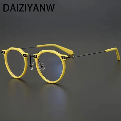 Metal Titanium Eyeglass Frame Retro Men Women Round Acetate Fiber Leg Texture Eyeglass Frame
