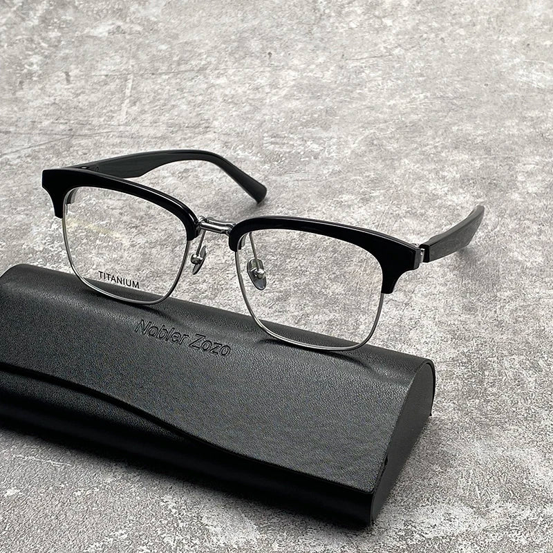 High quality men's clamshell half-frame glasses made of pure titanium square acetate optical frame for prescription glasses