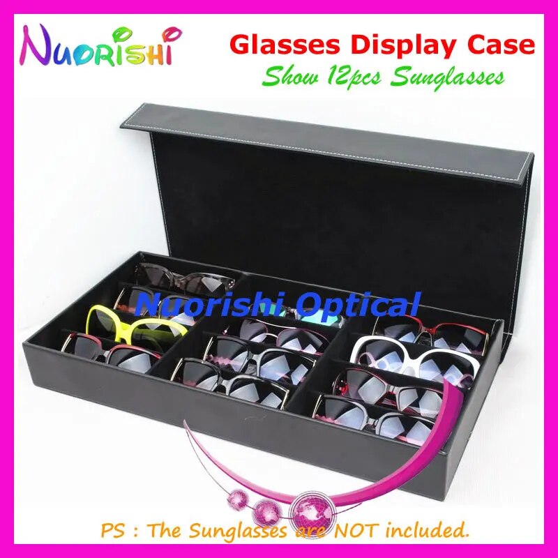 Holding 12pcs Eyewear Sunglasses Glasses Eyeglass Black Leather Storage Display Sample Case Box Tray A640-12S Free Shipping