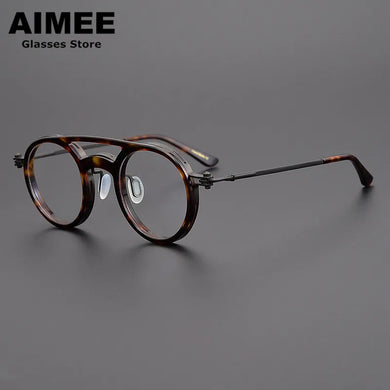 Japanese Handmade Glasses Frame Classic Round Titanium Acetate Eyeglasses Men Women Double-Beam Prescription Optical Eyewear
