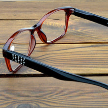 Carica l&#39;immagine nel visualizzatore di Gallery, Ladies Rectangle Brown Frame Point Diamond Decoration Handcrafted Eyeglasses Reading Glasses +0.75 +1 +1.25 +1.5 +1.75 To +4