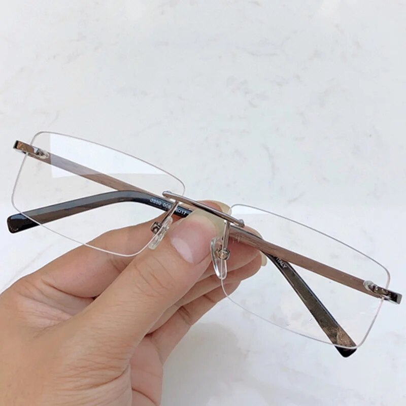 Lightweight Wooden Leg Rimless Glasses Frame for Men 56-17-140 Titanium Rectangular Eyewear for Prescription Goggles