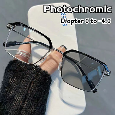 Metal Frame Photochromic Myopia Glasses Anti-blue Light Color Changing Sunglasses Prescription Eyeglasses Minus Diopters