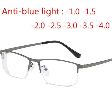 Men Alloy Myopia Glasses Square Half frame Anti-Blue-Light Non Spherical Layer Coated Lenses Eyeglasses -1.0 -1.5 -2.0 -3.0 -4.0