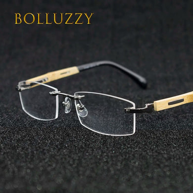 Men Bamboo Titanium Rimless Wooden Leg Optical Prescription Receipt Golden Eyeglasses Frame Eyewear Degree Glasses with Lenses