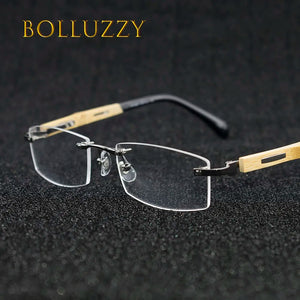 Men Bamboo Titanium Rimless Wooden Leg Optical Prescription Receipt Golden Eyeglasses Frame Eyewear Degree Glasses with Lenses