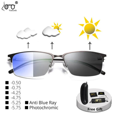 Myopia Photochromic Sunglasses Screwless Eyewear Anti Blue Ray Computer Glasses Frame For Men-0.50-4.25-4.75-5.25-5.75-6.00