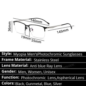 Myopia Photochromic Sunglasses Screwless Eyewear Anti Blue Ray Computer Glasses Frame For Men-0.50-4.25-4.75-5.25-5.75-6.00
