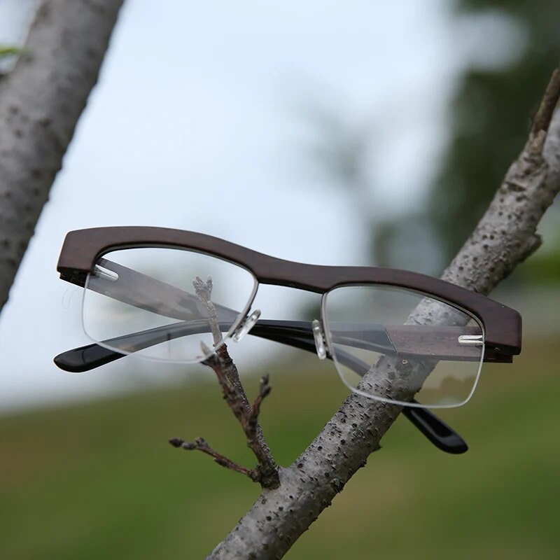 Nilerun Classic Business Rectangle Semi rim Half rimless Natural Wood Wooden Optical Eyelasses Reading Glasses Eyewear Frame