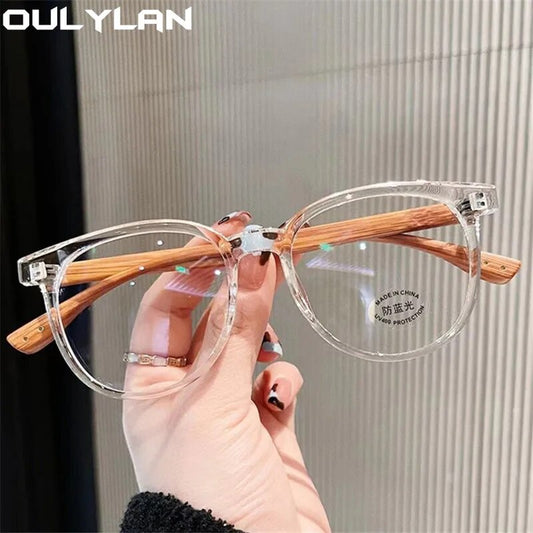 Oulylan TR90 Occhiali anti luce blu Montatura Donna Uomo Gambe vintage con venature del legno Montatura per occhiali Decorazione trasparente Occhiali