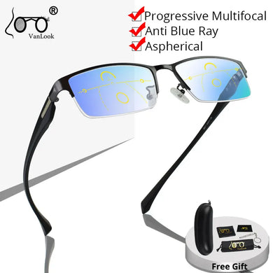 Progressive Multifocal Reading Glasses For Men Anti Blue Ray Metal Rectangular Half-Frame Eyewear +125+175+225+275