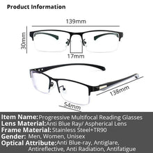 Load image into Gallery viewer, Progressive Multifocal Reading Glasses For Men Anti Blue Ray Metal Rectangular Half-Frame Eyewear +125+175+225+275