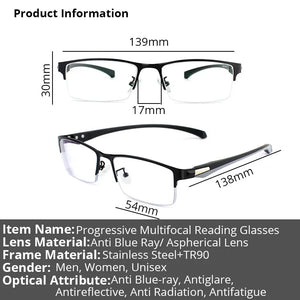 Progressive Multifocal Reading Glasses For Men Anti Blue Ray Metal Rectangular Half-Frame Eyewear +125+175+225+275