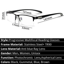 Load image into Gallery viewer, Progressive Multifocal Reading Glasses Frames Men Photochromic Sunglasses Chameleon Lens Metal Rectangular Eyeglasses Frame