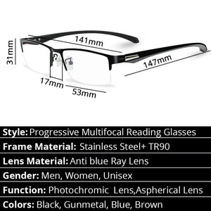 Progressive Multifocal Reading Glasses Frames Men Photochromic Sunglasses Chameleon Lens Metal Rectangular Eyeglasses Frame