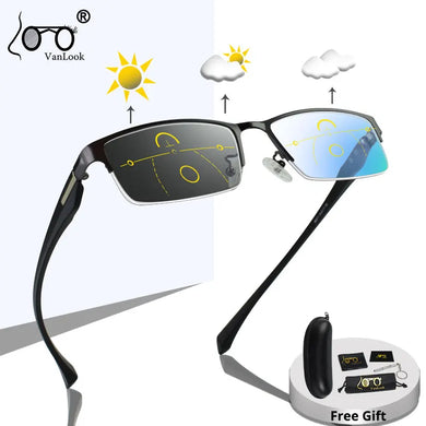 Progressive Multifocal Reading Glasses Frames Men Photochromic Sunglasses Chameleon Lens Metal Rectangular Eyeglasses Frame