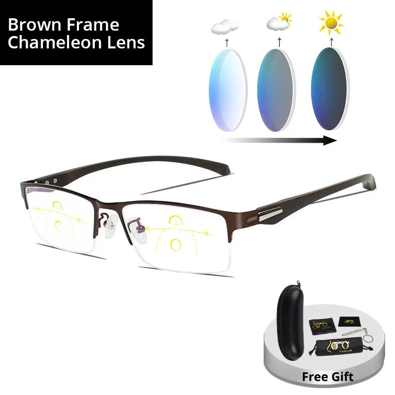 Progressive Multifocal Reading Glasses Frames Men Photochromic Sunglasses Chameleon Lens Metal Rectangular Eyeglasses Frame