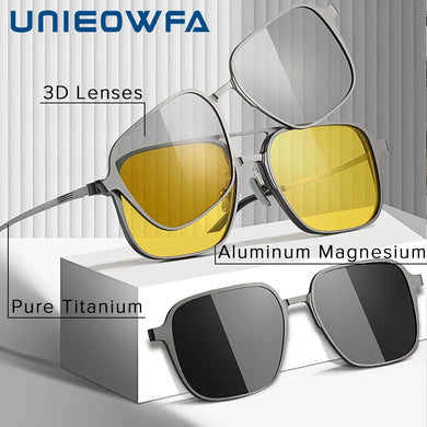 Pure Titanium Magnetic Clip on Glasses Frame Men Myopia Optical Prescription Big Frame Eyeglasses Male 3D Night Vision Polarized