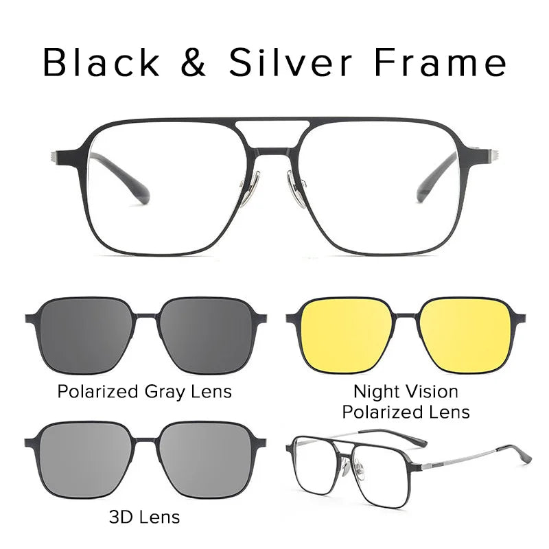 Pure Titanium Magnetic Clip on Glasses Frame Men Myopia Optical Prescription Big Frame Eyeglasses Male 3D Night Vision Polarized