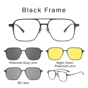 Pure Titanium Magnetic Clip on Glasses Frame Men Myopia Optical Prescription Big Frame Eyeglasses Male 3D Night Vision Polarized