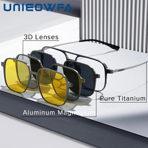 Pure Titanium Magnetic Clip on Glasses Frame Men Myopia Optical Prescription Big Frame Eyeglasses Male 3D Night Vision Polarized