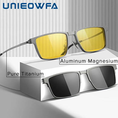 Pure Titanium Magnetic Clip on Glasses Frame Men Myopia Prescription Big Eyeglasses Frame 3 in 1 Night Vision Polarized Eyewear