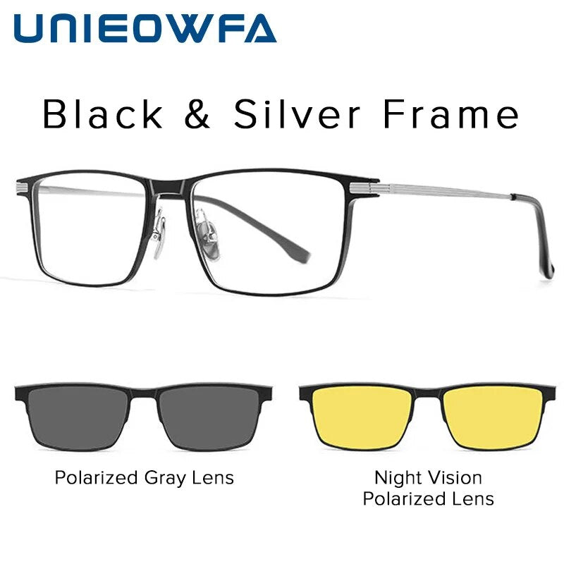 Pure Titanium Magnetic Clip on Glasses Frame Men Myopia Prescription Big Eyeglasses Frame 3 in 1 Night Vision Polarized Eyewear
